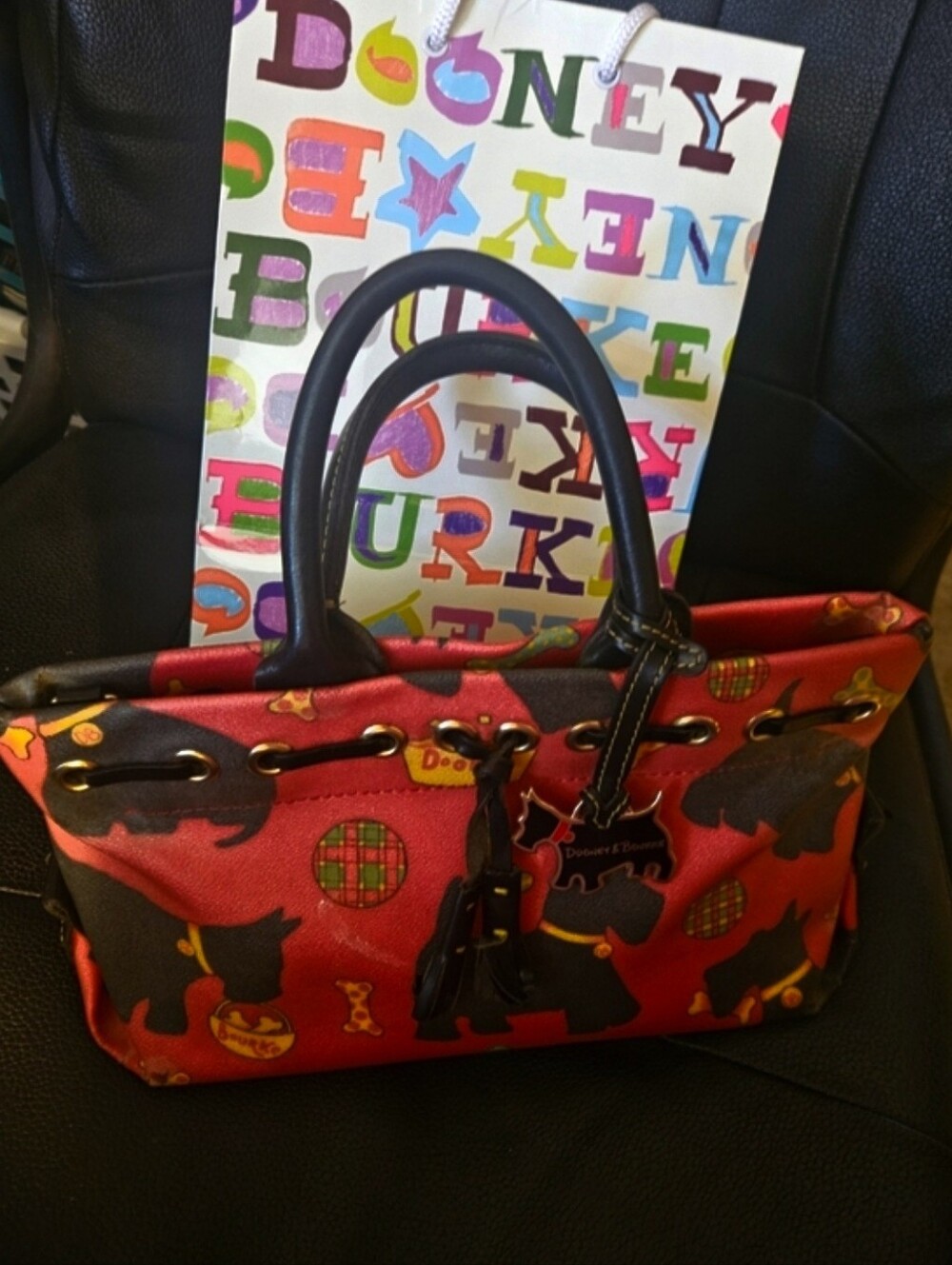 Dooney & Bourke Red And Black Scottish Dog Terrier Canvas Satchel With Charm